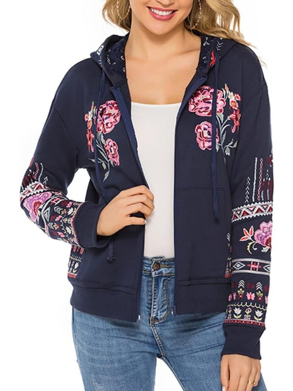Floral Embroidered Zip Hoodie Jacket for Women | Long Sleeve Fall Winter Coat